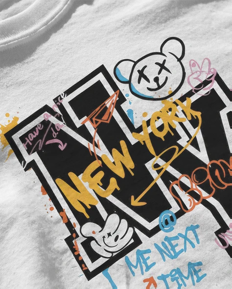 Erkek Beyaz Relaxed Fit %100 Pamuk Tişört – New York Graffiti & Karikatür Baskılı - Resim 3