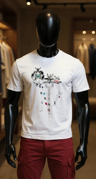 Erkek Beyaz Relaxed Fit %100 Pamuk Tişört – Sanatsal Doodle & Kelebek Kompozisyonlu ürün görseli 1