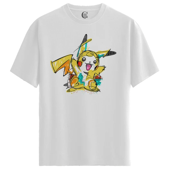 Erkek Beyaz Relaxed Fit %100 Pamuk Tişört – Pikachu Karakter Büyük Ön Baskılı - Resim 4