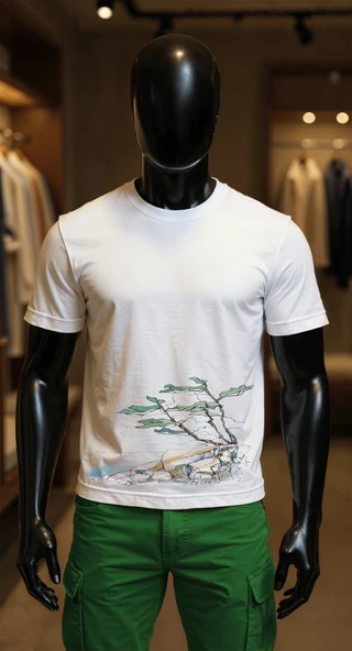 Erkek Beyaz Relaxed Fit %100 Pamuk Tişört – Suluboya Ağaç & Kaya İllüstrasyonlu ürün görseli 1