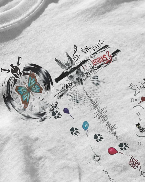 Erkek Beyaz Relaxed Fit %100 Pamuk Tişört – Sanatsal Doodle & Kelebek Kompozisyonlu - Resim 3