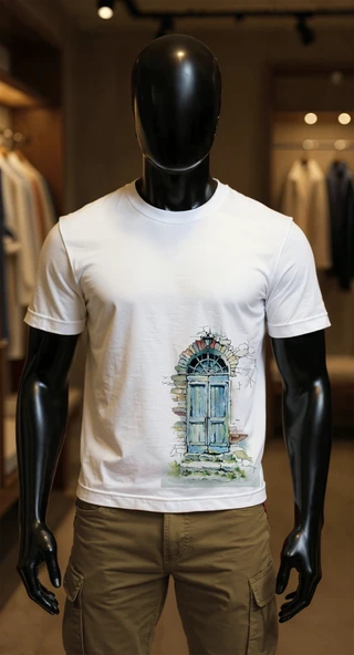 Erkek Beyaz Relaxed Fit %100 Pamuk Tişört – Suluboya Kapı & Taş Duvar Baskılı ürün görseli