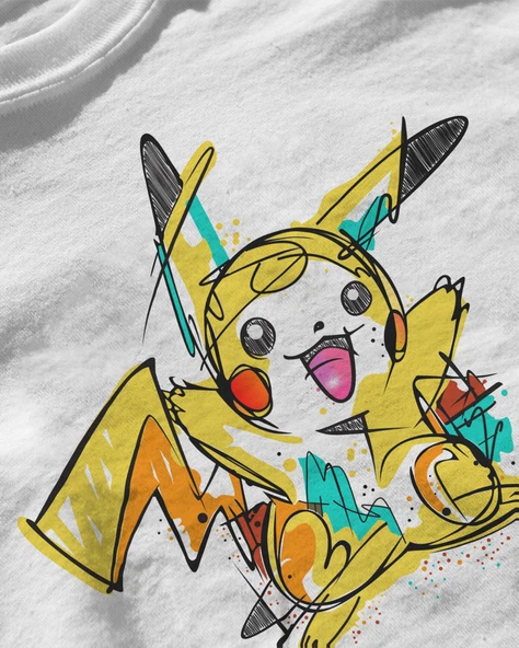 Erkek Beyaz Relaxed Fit %100 Pamuk Tişört – Pikachu Karakter Büyük Ön Baskılı - Resim 3