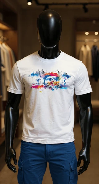 Erkek Beyaz Relaxed Fit %100 Pamuk Tişört – Suluboya Şehir & Bisikletçi Büyük Ön Baskılı ürün görseli 1