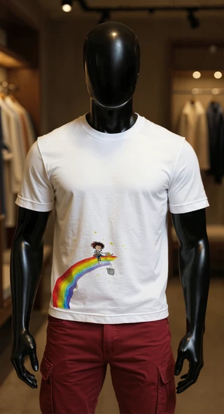 Erkek Beyaz Relaxed Fit %100 Pamuk Tişört – Suluboya Gökkuşağı & Çocuk İllüstrasyonu ürün görseli 1