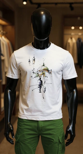 Erkek Beyaz Relaxed Fit %100 Pamuk Tişört – Mürekkep & Suluboya Mimari Kubbe Baskılı ürün görseli 1