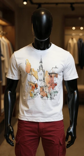 Erkek Beyaz Relaxed Fit %100 Pamuk Tişört – Mürekkep Şehir Kule İllüstrasyonu ürün görseli