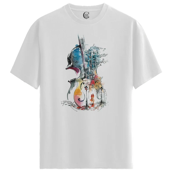 Erkek Beyaz Relaxed Fit %100 Pamuk Tişört – Suluboya Keman & Şehir İllüstrasyonu Baskılı - Resim 4