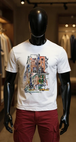 Erkek Beyaz Relaxed Fit %100 Pamuk Tişört – Suluboya New York‑Esintili Şehir İllüstrasyonu ürün görseli 1