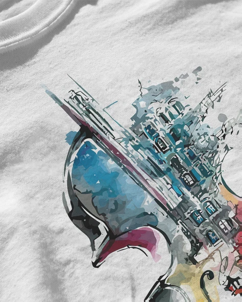 Erkek Beyaz Relaxed Fit %100 Pamuk Tişört – Suluboya Keman & Şehir İllüstrasyonu Baskılı - Resim 3