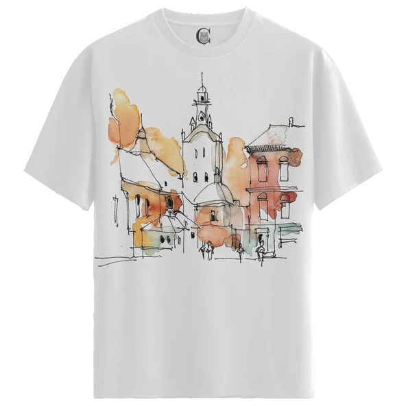 Erkek Beyaz Relaxed Fit %100 Pamuk Tişört – Mürekkep Şehir Kule İllüstrasyonu - Resim 4