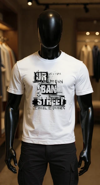 Erkek Beyaz Relaxed Fit %100 Pamuk Tişört – Urban Graffiti Tipografi Büyük Ön Baskılı ürün görseli