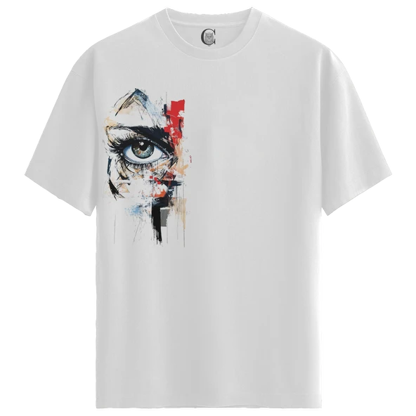 Erkek Beyaz Relaxed Fit %100 Pamuk Tişört – Soyut Göz & Mürekkep Baskılı - Resim 4