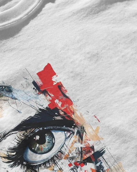 Erkek Beyaz Relaxed Fit %100 Pamuk Tişört – Soyut Göz & Mürekkep Baskılı - Resim 3