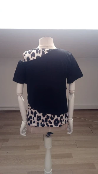 Kadın Kısa Kollu Geometrik Kesin Detaylı çift Renkli Viskon Bluz - Resim 6