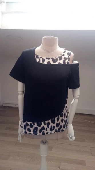 Kadın Kısa Kollu Geometrik Kesin Detaylı çift Renkli Viskon Bluz - Resim 4