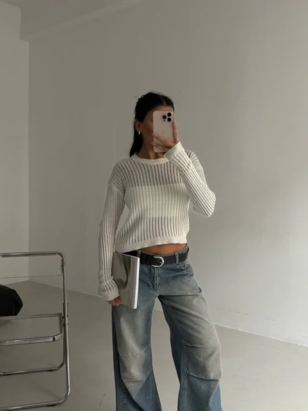 Triko transparent bluz beyaz - Resim 2