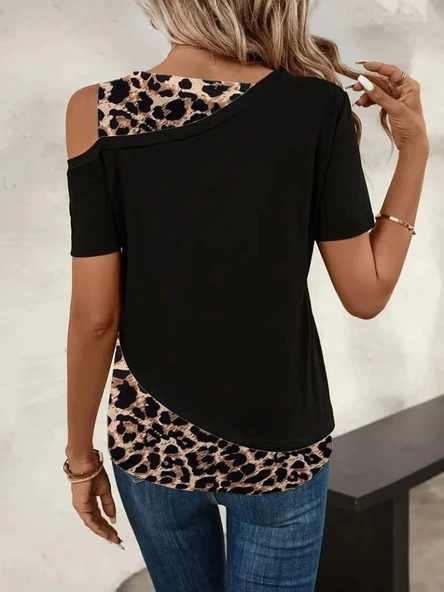 Kadın Kısa Kollu Geometrik Kesin Detaylı çift Renkli Viskon Bluz - Resim 2