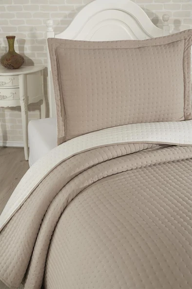 Elisa Dolgulu Çift Taraflı Tek Kişilik 180x240 Cm Yatak Örtüsü Bej - Resim 2