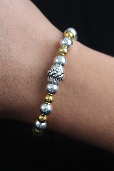 Doğal Taş Sarmal Model Gold Ve Gümüş Renk Asansörlü Erkek Bileklik - TJ-EB3755