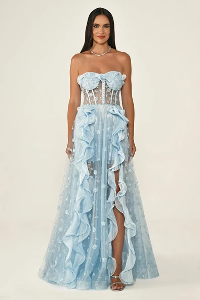 Straplez Korse Transparan Bel Tül Uzun Elbise Alfabeta ürün görseli 1