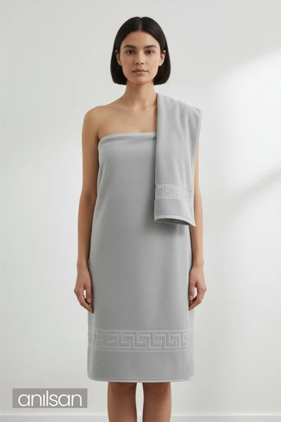 4'lü Gri Greek Havlu Set %100Pamuk - 2 Adet El Havlusu 50x90 ve 2 Adet Banyo Havlusu 70x140 - 2