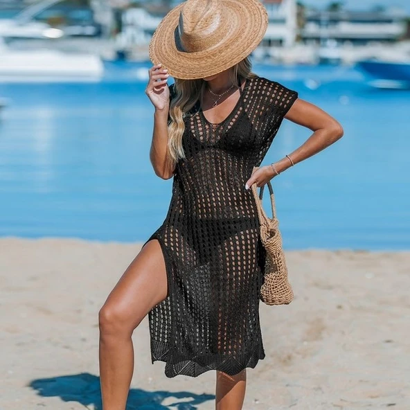 Kadın Sıfır Kol V Yaka Yanı Derin Yırtmaçlı Midi Boy Triko Elbise - Resim 5