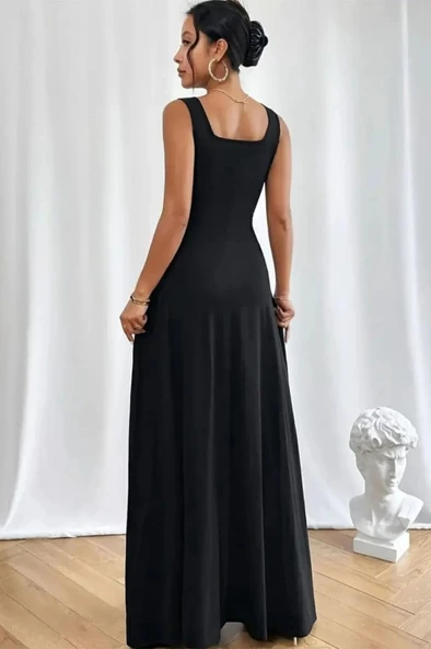 Kadın Askılı U Yaka Janjan Krep Elbise - Resim 3