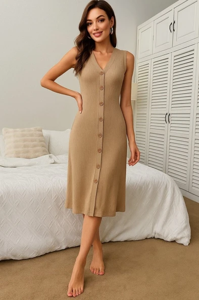 Kadın V Yakalı önden Düğmeli Kaşkorse Elbise - Resim 2