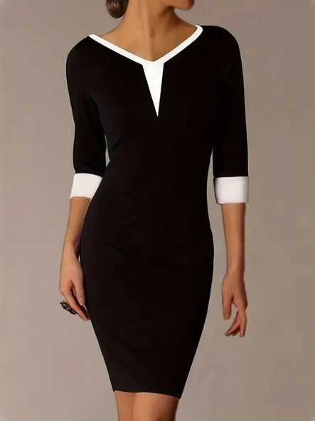 Kadın Truvakarkol V Yakalı Blok Renkli Kısa Janjan Krep Elbise ürün görseli