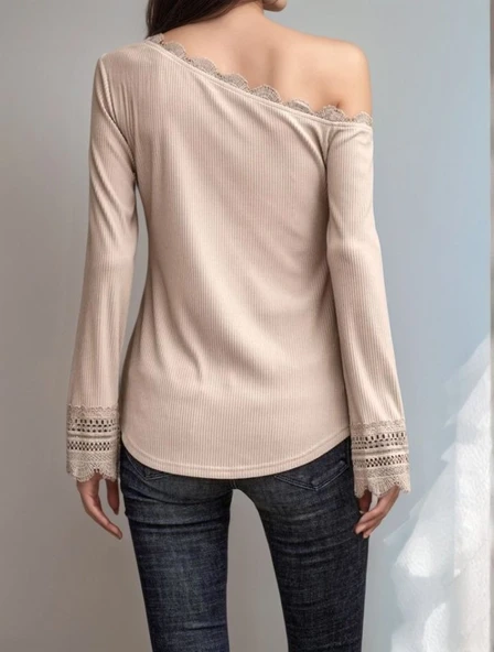 Kadın Uzun Kollu Tek Omuzu Açık Dantelli Burgu Bluz - Resim 2