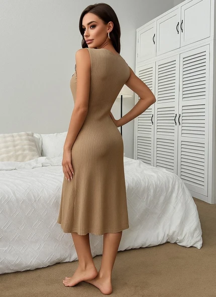 Kadın V Yakalı önden Düğmeli Kaşkorse Elbise - Resim 3