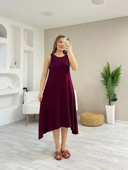 Kadın Askılı Yuvarlak Yakalı Asimetrik Kesim Detaylı Viskon Elbise ürün görseli