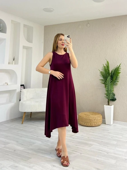 Kadın Askılı Yuvarlak Yakalı Asimetrik Kesim Detaylı Viskon Elbise - Resim 2