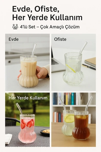 4 Adet Premium Cam Bardak Cam Pipet Hediyeli– Soğuk Kahve, Limonata ve Soda Sunumlar 500 ml - 3