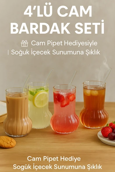 4 Adet Premium Cam Bardak Cam Pipet Hediyeli– Soğuk Kahve, Limonata ve Soda Sunumlar 500 ml