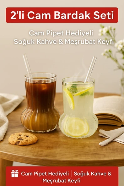 2 Adet Premium Cam Bardak Cam Pipet Hediyeli– Soğuk Kahve, Limonata ve Soda Sunumlar 500 ml
