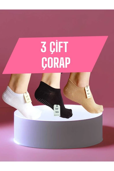3 Çift Babet Çorap Görünmez Spor Yoga Pilates Kaymaz Silikon Taban 36-40 Siyah Beyaz Krem Dikişsiz