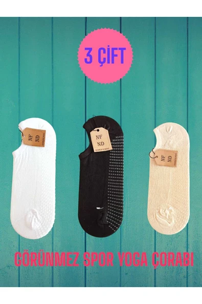 3 Çift Babet Çorap Görünmez Spor Yoga Pilates Kaymaz Silikon Taban 36-40 Siyah Beyaz Krem Dikişsiz - 8
