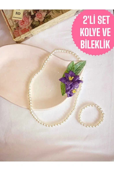 2Lİ SET İNCİ KOLYE VE BİLEKLİK KREM İNCİLİ BONCUK MİSİNA İPLİ ESNEK HEDİYE - 1