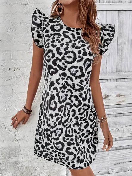 Kadın Kısa Kollu Kolları Fırfır Detay Arkası Bağlamalı Leopar Desen Kolsuz Mini Mikro Elbise - Resim 3