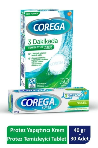 Corega Süper Protez Yapıştırıcı Krem Naneli 40gr + Cleanser Bio Temizleme Tableti 30'lu - 1