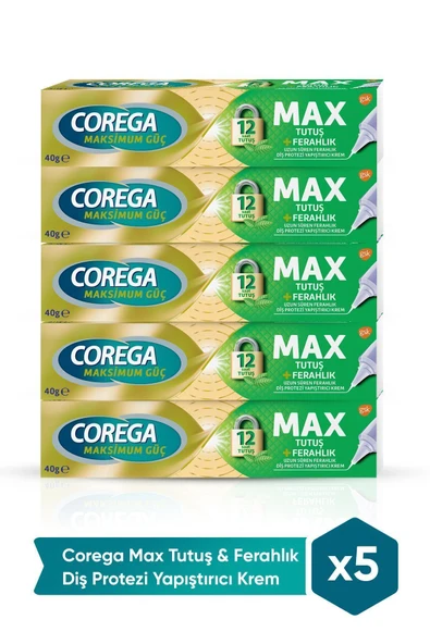 Corega Max Tutuş & Ferahlık Diş Protezi Yapıştırıcı Krem 40g X 5 Adet ürün görseli