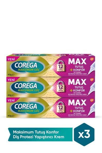 Corega Maksimum Tutuş & Konfor Diş Protezi Yapıştırıcı Krem 40g x 3 Adet - 1