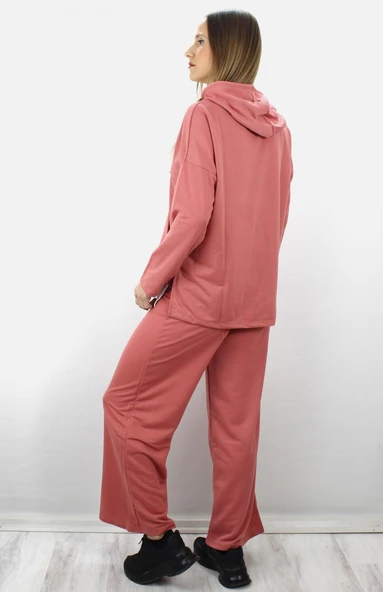 Bol Paça Kapşonlu Eşofman Takımı Pudra - 1908.130. - Resim 2