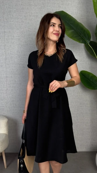 Kadın Kısa Kollu V Yakalı Beli Kuşaklı Ithal Keten Elbise - Resim 2