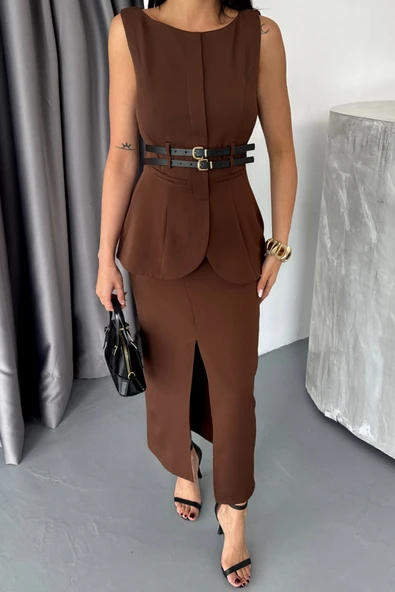 CEKET-ETEK GÖRÜNÜMLÜ ELBİSEÇİFT KEMER DETAYLI - Kahverengi - Resim 4