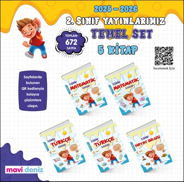 Mavi Deniz 2026 2. Sınıf Matematik + Türkçe + Hayat Bilgisi Temel Seti 5 Kitap Güncel Müfredat
