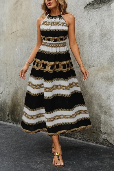 Kadın Kolsuz Boyundan Bağlamalı Beli Lastikli Dijital Baskı Süprem Uzun Elbise ürün görseli