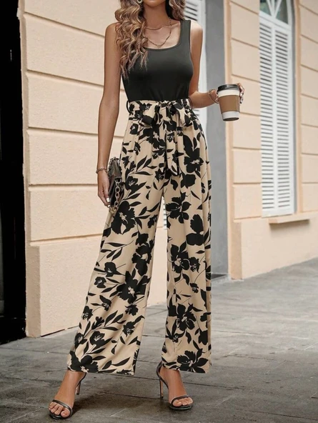 Kadın Askılı Yuvarlak Yaka Beli Kuşaklı üst Viskon Alt Dalgıç Tulum - Resim 6